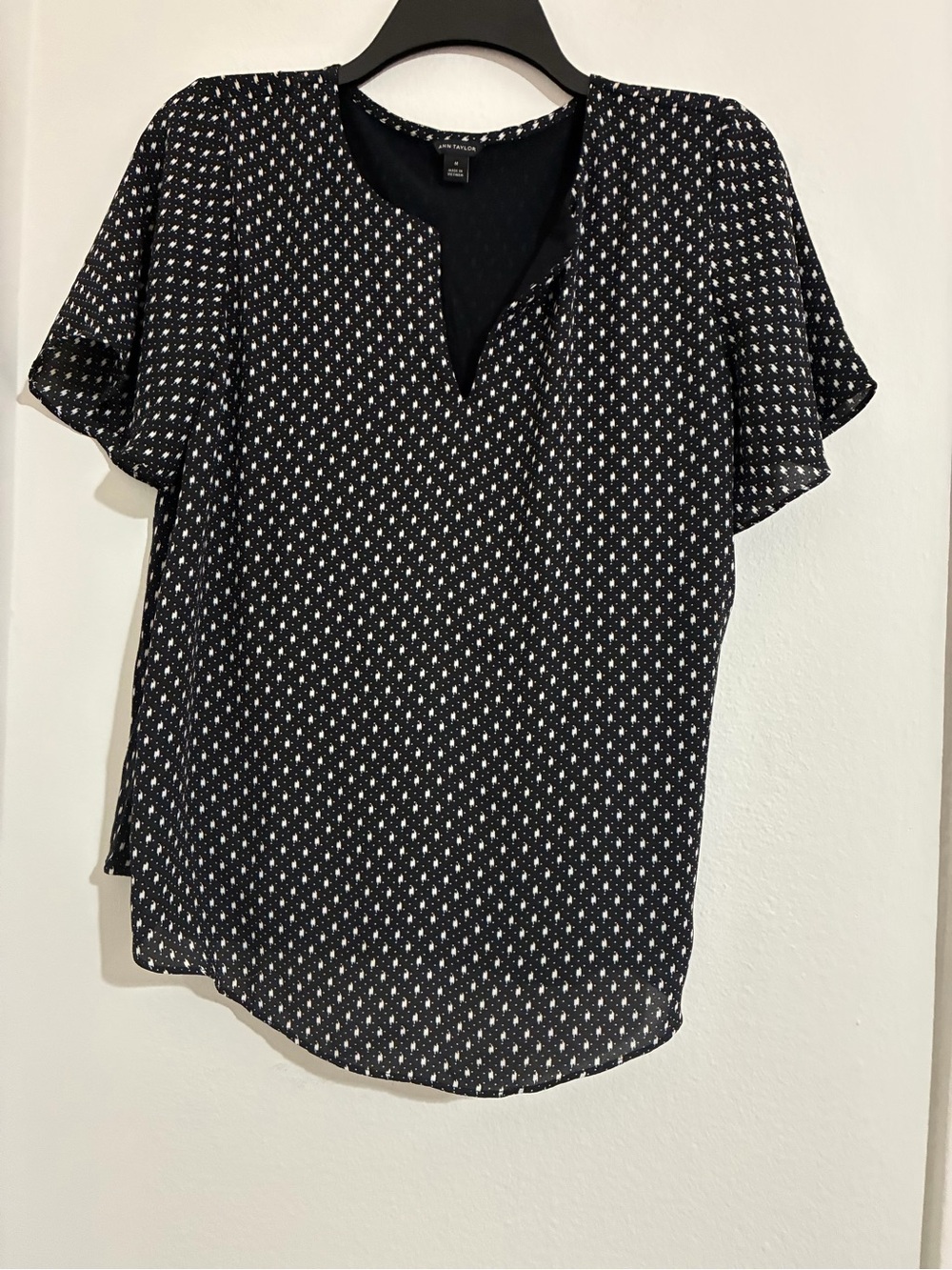 Ann Taylor Black Blouse with White Micro Dot Print